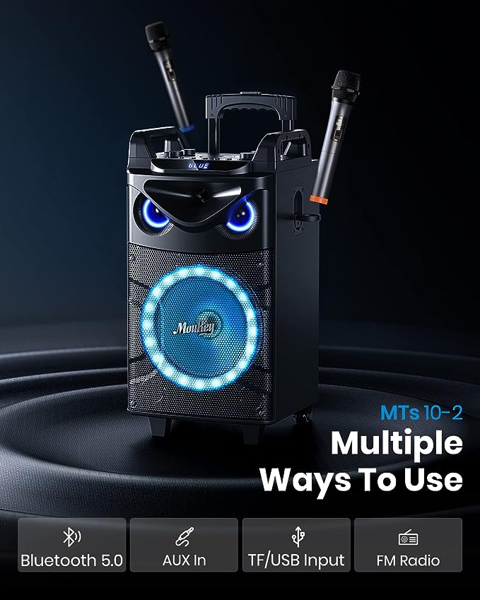 Moukey Portable Bluetooth Woofer PA System Speaker Karaoke Machine Kit with 2 Wireless Microphones