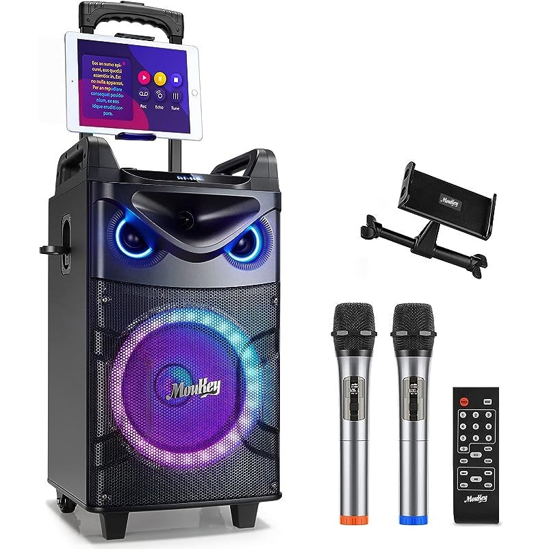 Moukey Portable Bluetooth Woofer PA System Speaker Karaoke Machine Kit with 2 Wireless Microphones