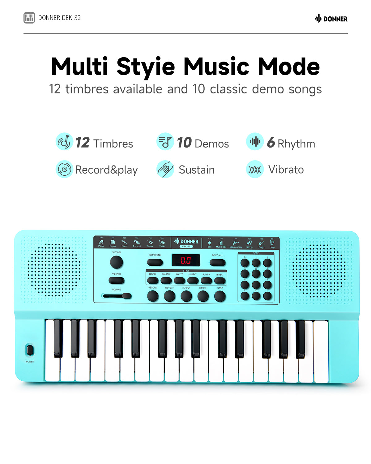 Donner DEK-32 32 keys Electronic Keyboard-Cyan##