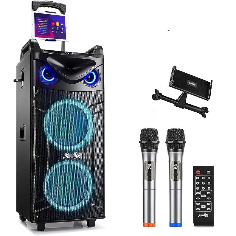 Moukey Portable Bluetooth Woofer PA System Speaker Karaoke Machine Kit with 2 Wireless Microphones