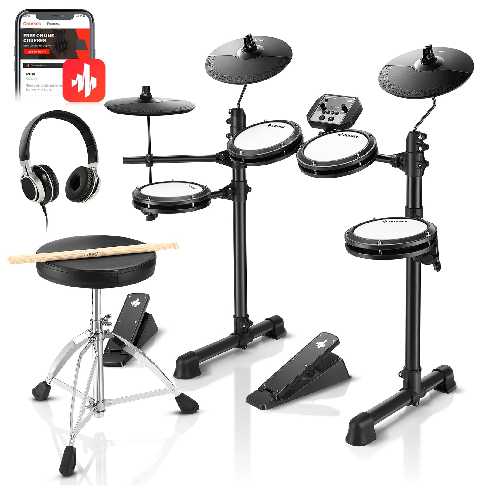 DED-80 Electronic Drum Kit with Mesh Pads and Pedals Donner