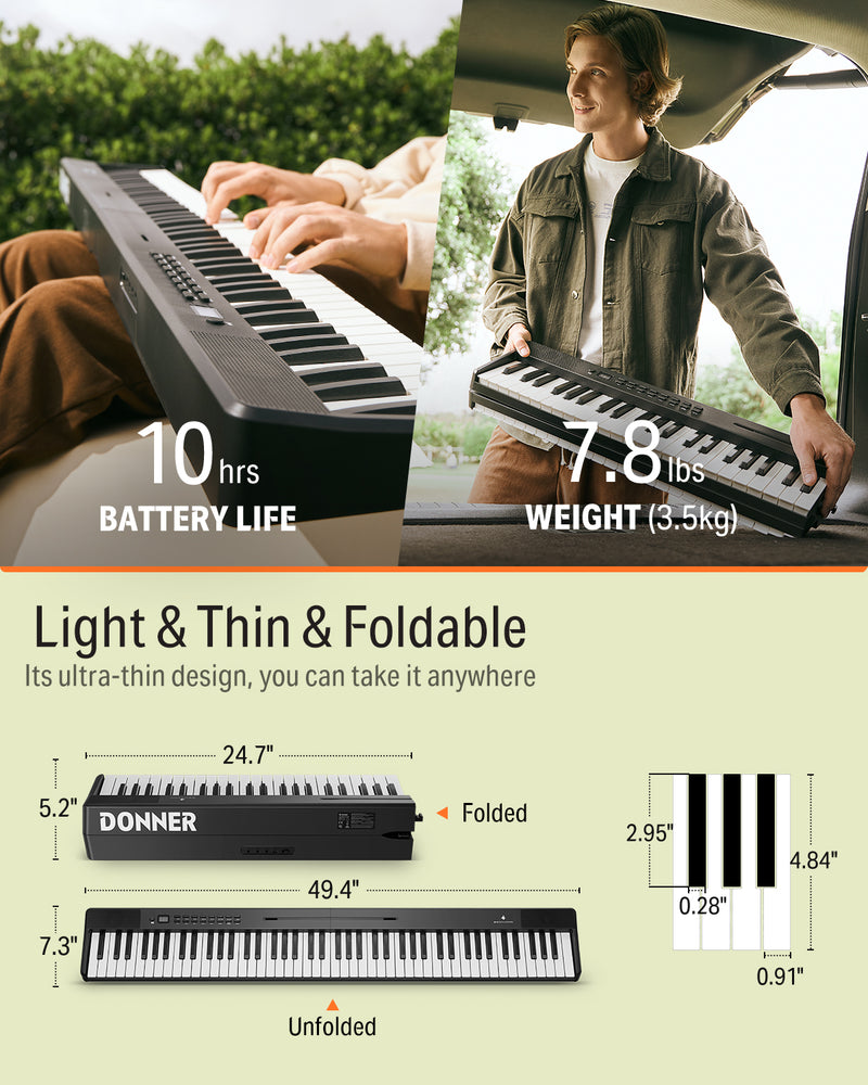 Donner DP-10 88-Key Foldable Semi-Weighted Digital Piano Kit with Bluetooth