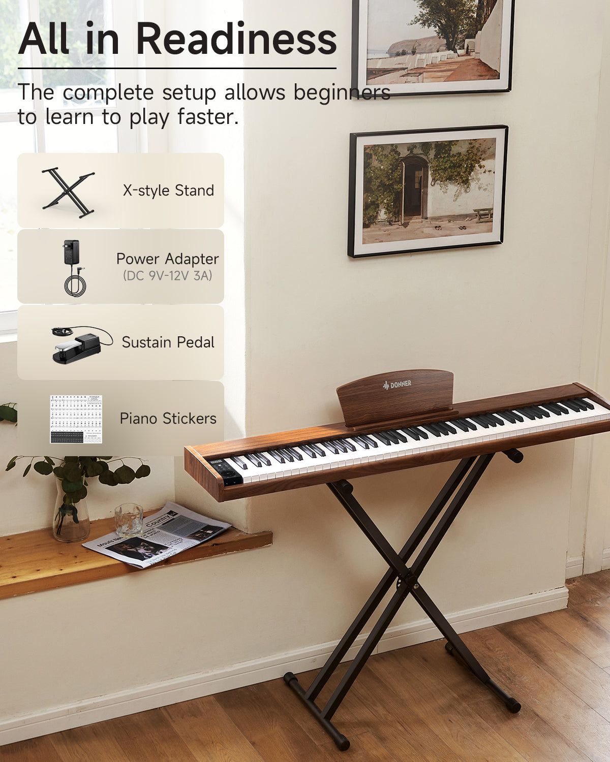Donner DEP-1S Semi Weighted Keyboard Digital Piano-Antique Brown##