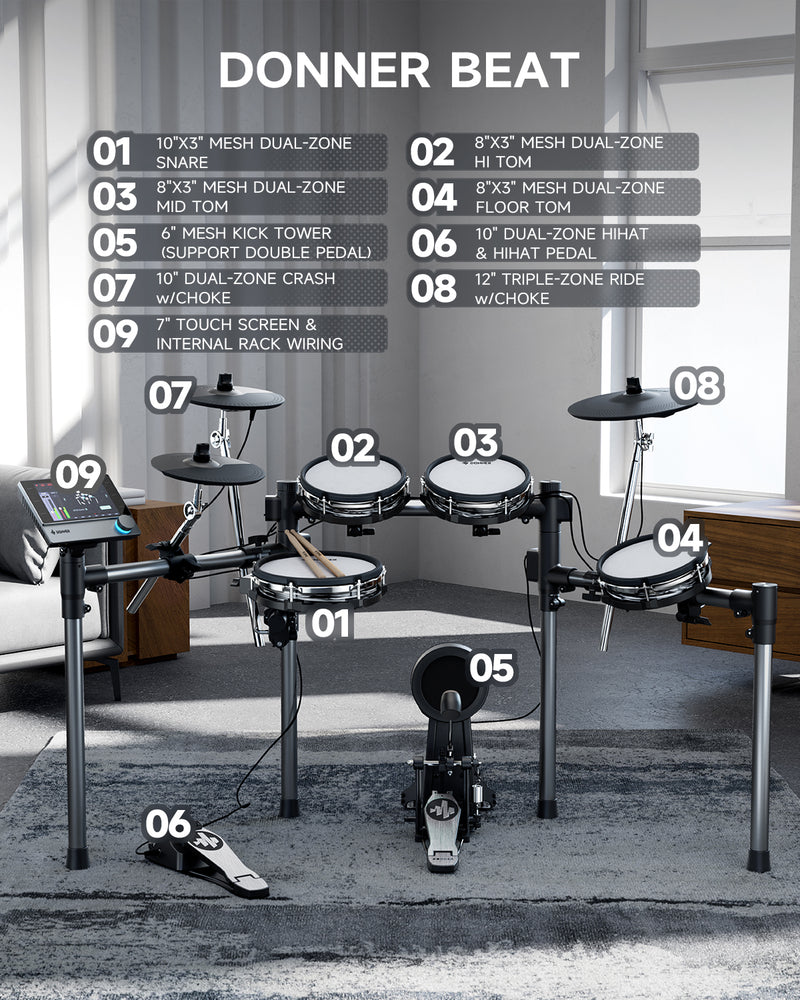 Donner Beat Electronic Drum Set with 12" Cymbals w/Choke, 100 Kits and 1100+ Sounds