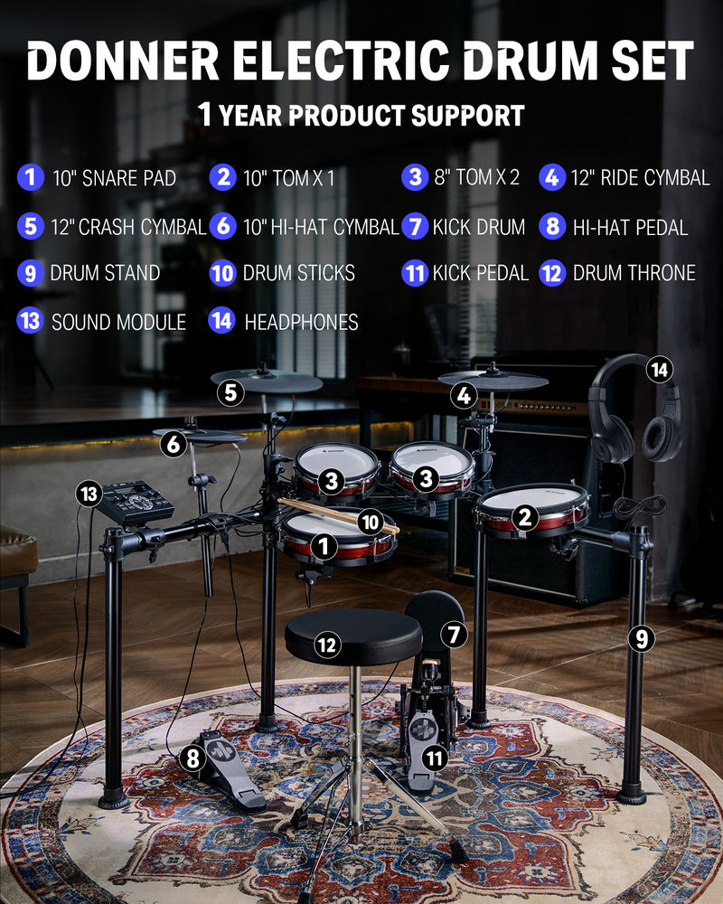 Donner DED-200 MAX Electronic Drum Set 5-Drum 3-Cymbal with Drum Throne/Headphone for Optimal Performance
