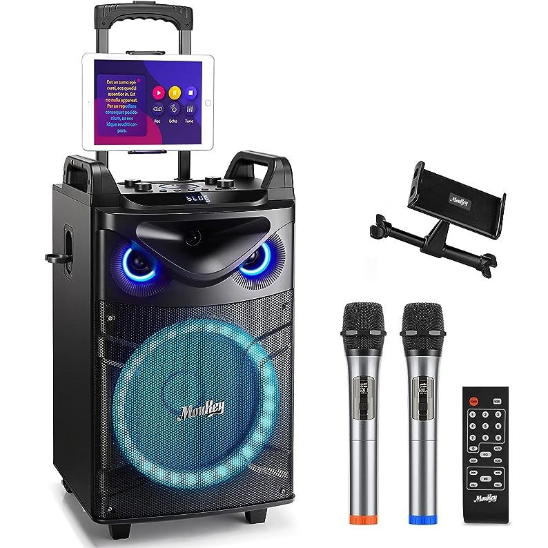 Moukey Portable Bluetooth Woofer PA System Speaker Karaoke Machine Kit with 2 Wireless Microphones