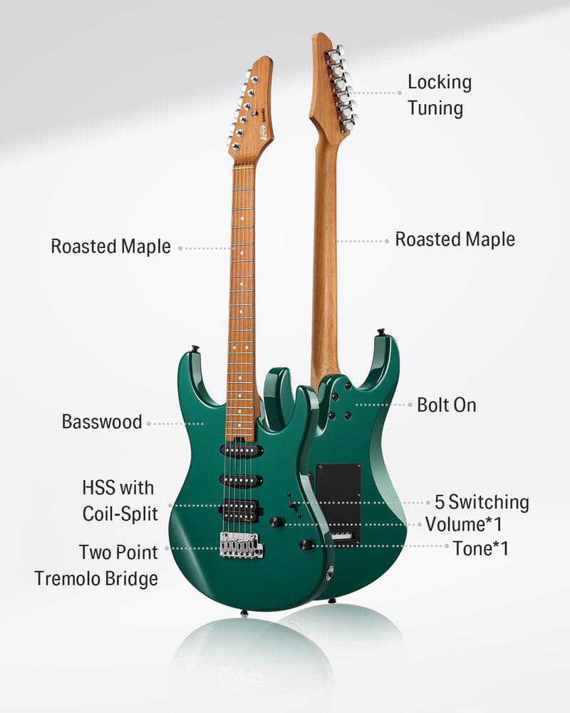 Donner DST-700 Electric Guitar – HH/HSS Alnico V Pickups, Coil Split System, Locking Tuners, 2-Point Floating Tremolo, Roasted Maple Neck, Basswood Body