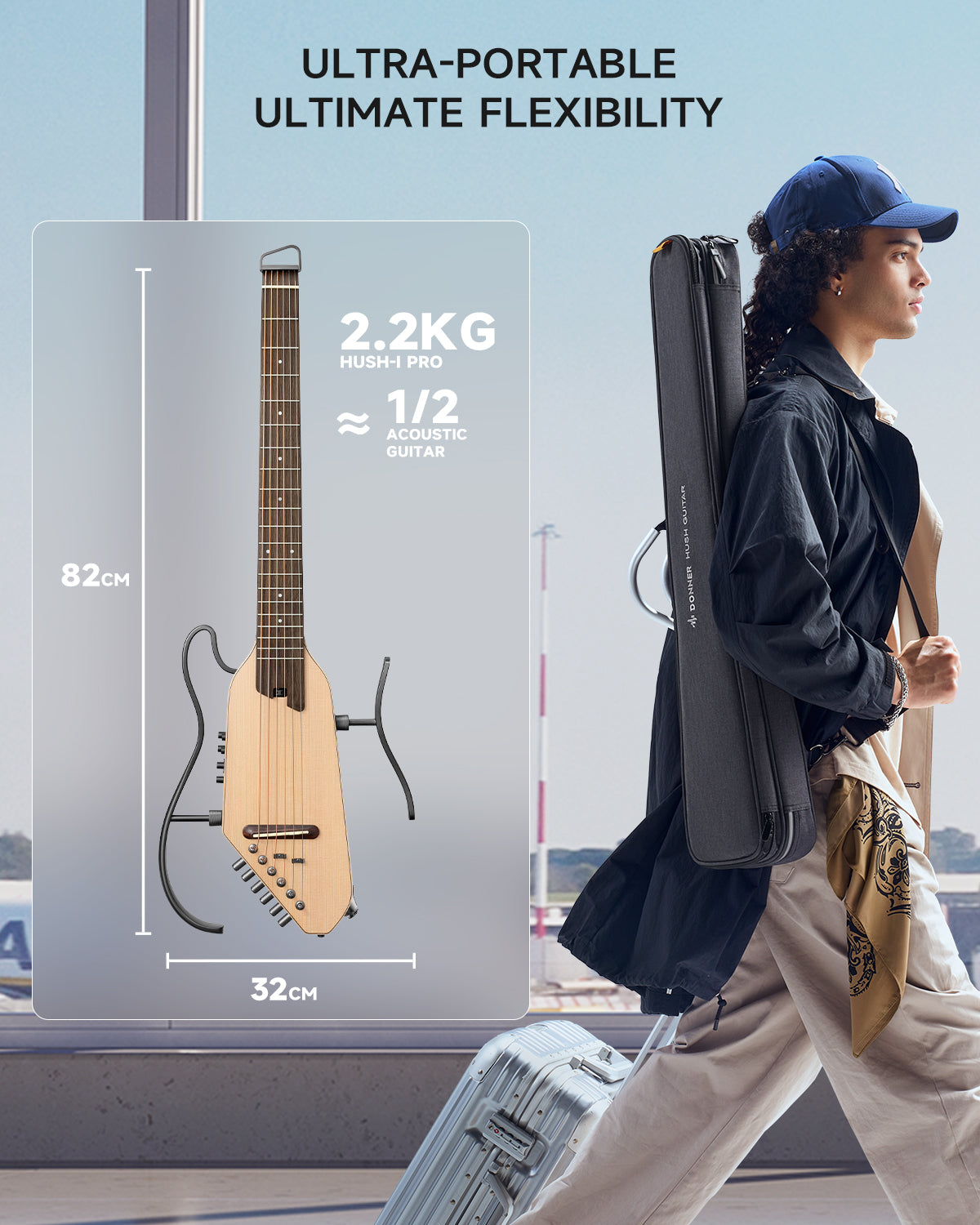 Donner HUSH-I PRO Acoustic-Electric Travel Guitar Kit with Inserted Sound Effects-NATURAL SPRUCE##