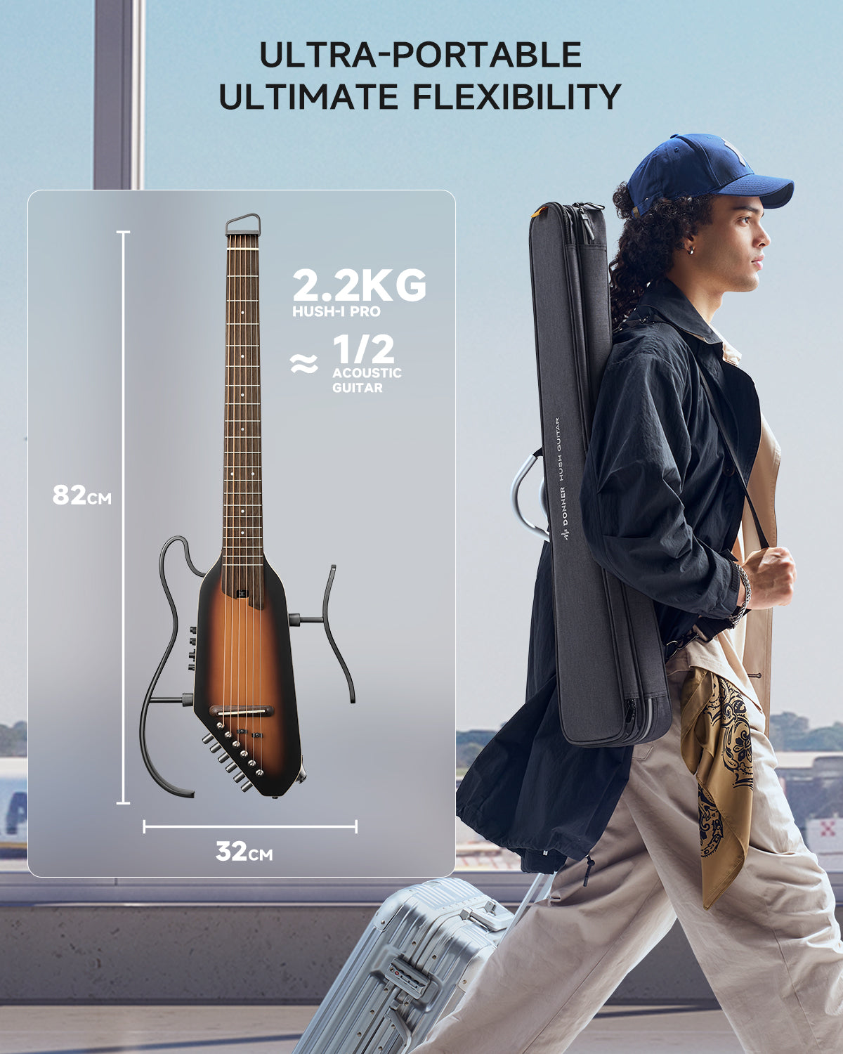 Donner HUSH-I PRO Acoustic-Electric Travel Guitar Kit with Inserted Sound Effects-SUNBURST##