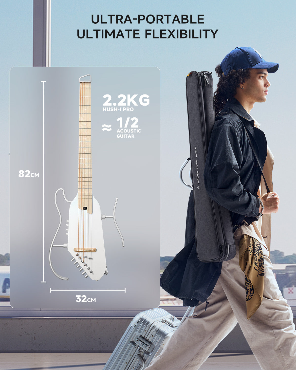 Donner HUSH-I PRO Acoustic-Electric Travel Guitar Kit with Inserted Sound Effects-WHITE##