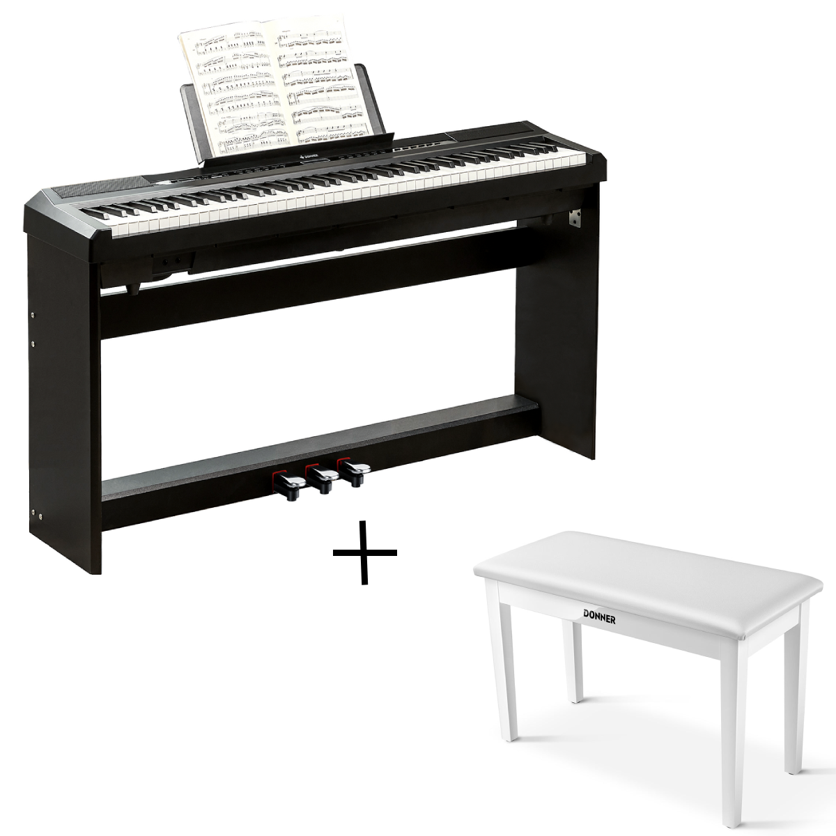 Donner Digital Piano Keyboard Gewichtet 88 Tasten, Klavierständer, Anfänger E-Piano mit Möbelständer und Triple Pedal Real Piano Touch, DEP-20S