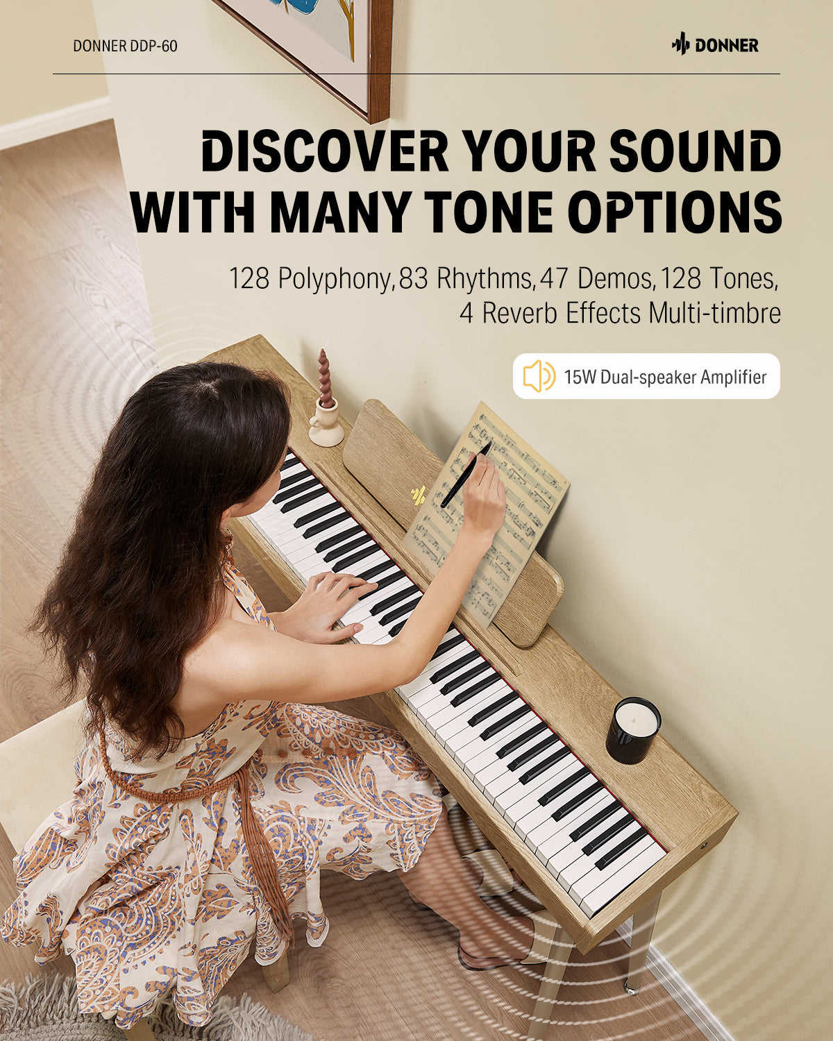 Donner DDP-60 88-Key Semi-Weighted Upright Keyboard Piano-Natural##