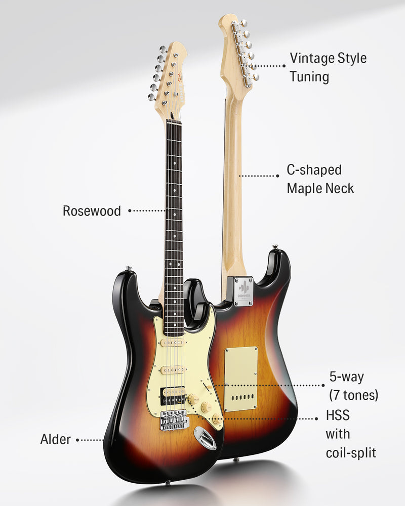 Donner DST-600 Electric Guitar – Alnico V Pickup, Coil Split System, 6-Point Tremolo Bridge, Alder Body, Modern "C" Neck (Available in SSS/HSS)