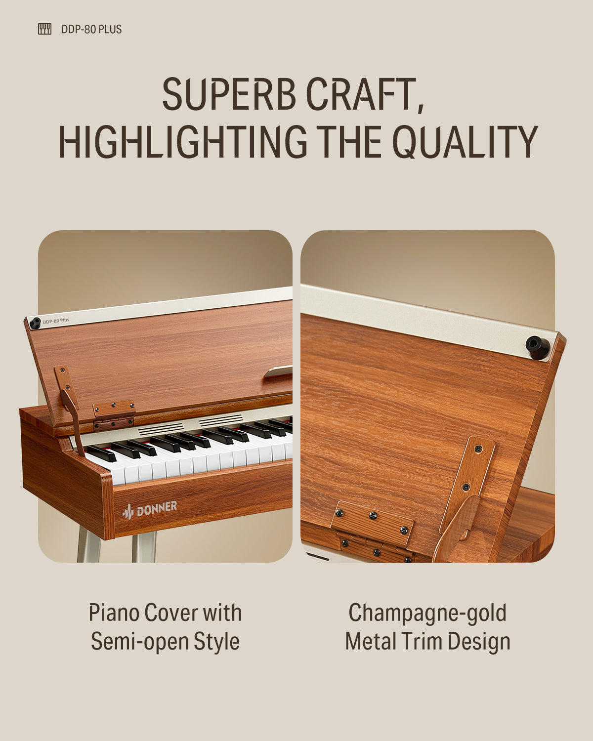 DONNER DDP-80 PLUS Wooden Style 88 Key Weighted Digital Piano with Piano Lid, Stand and 3 Pedal