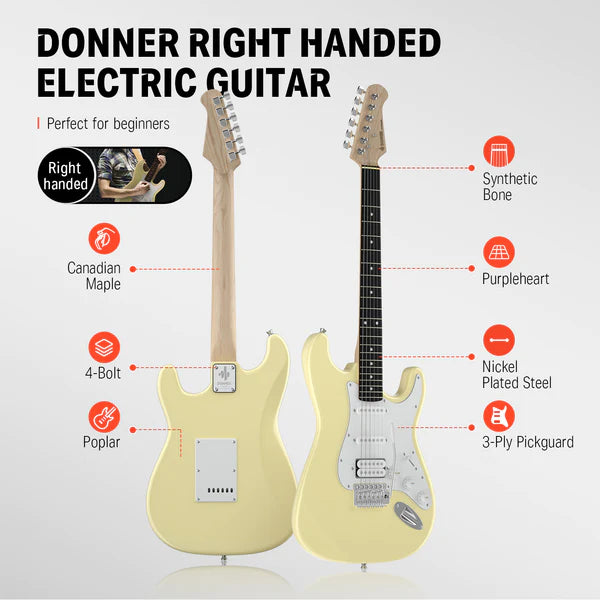 Donner DST-100S Solid Body Sunburst S-S-H Pickups Electric Guitar Kit with Amplifier