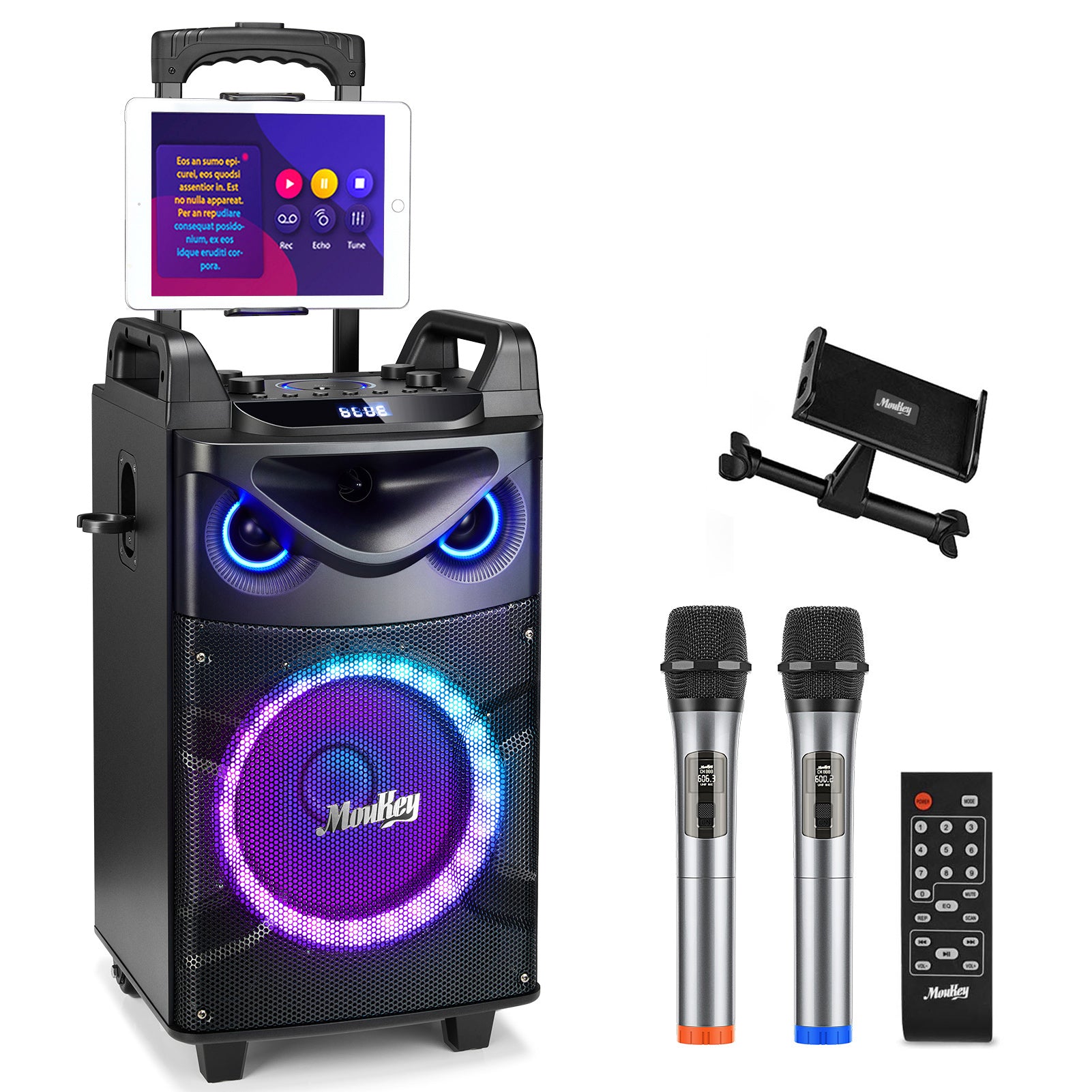 Moukey Portable Bluetooth Woofer PA System Speaker Karaoke Machine Kit with 2 Wireless Microphones