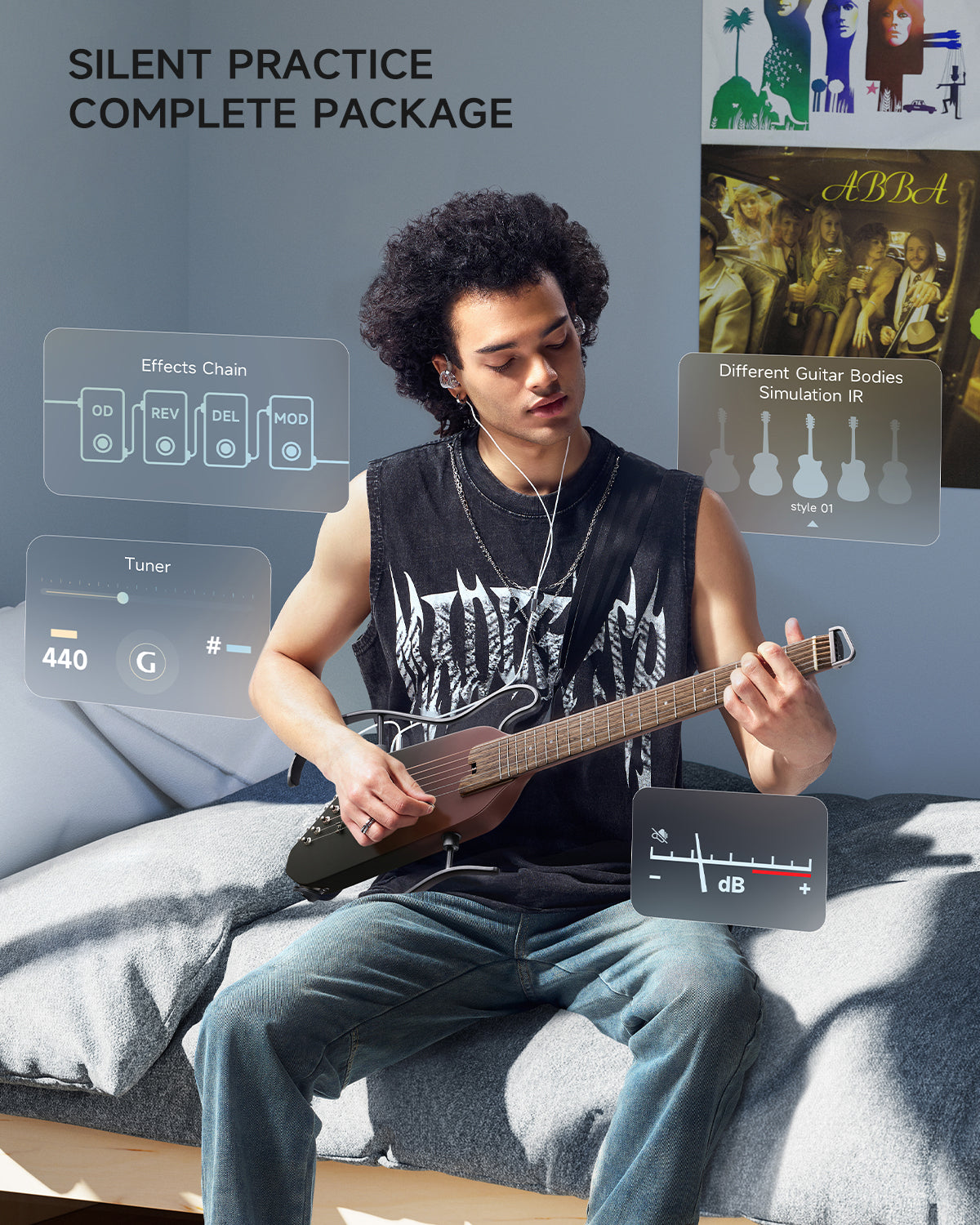 Donner HUSH-I PRO Acoustic-Electric Travel Guitar Kit with Inserted Sound Effects-Maillard-Verblassen##