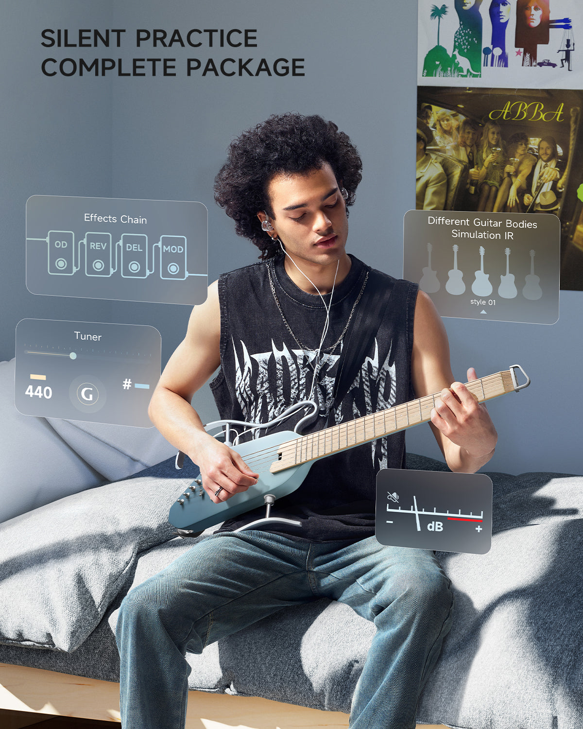 Donner HUSH-I PRO Acoustic-Electric Travel Guitar Kit with Inserted Sound Effects-Hawaiian Blue##
