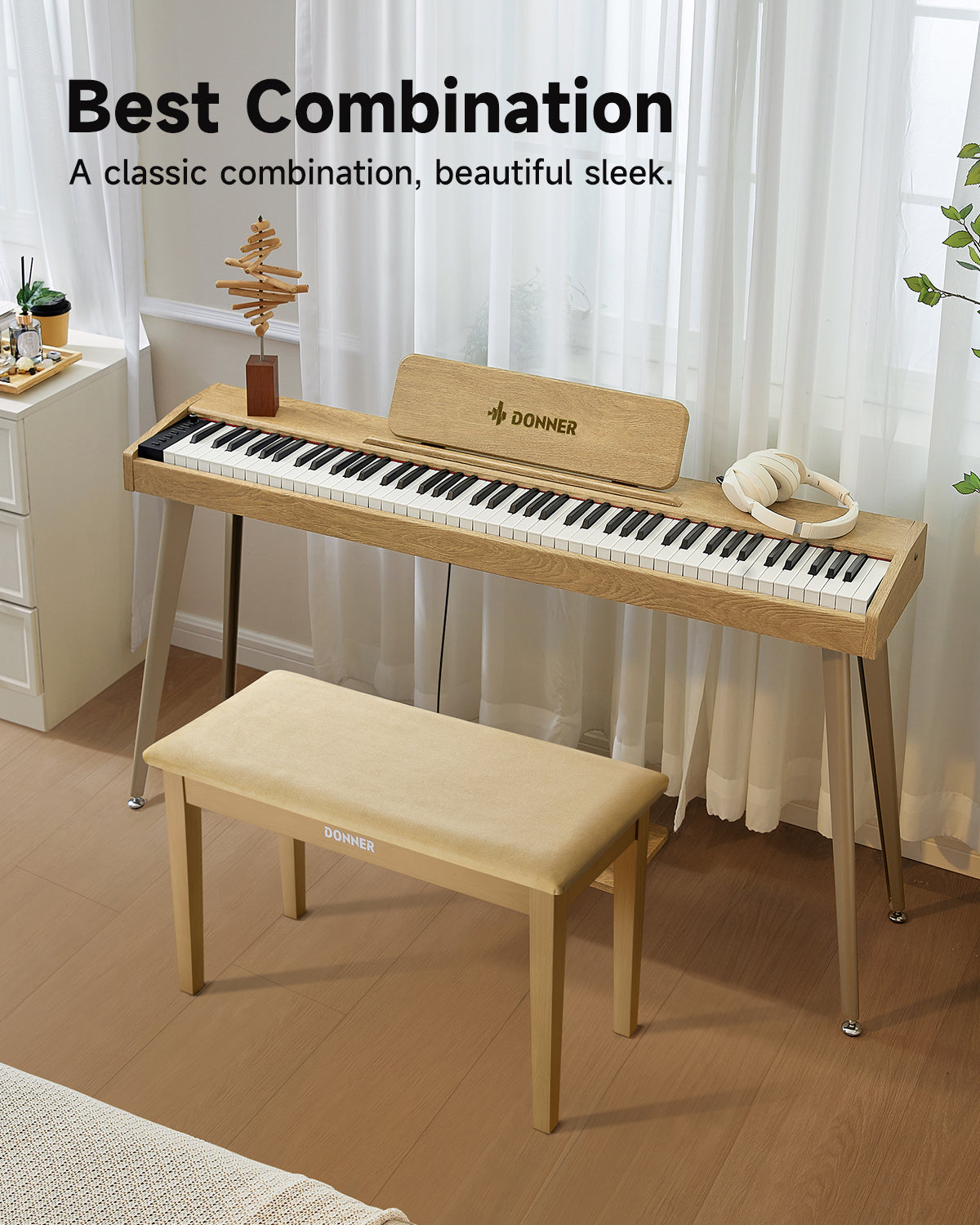 Donner Duet Piano Bench Stool with Storage Beige
