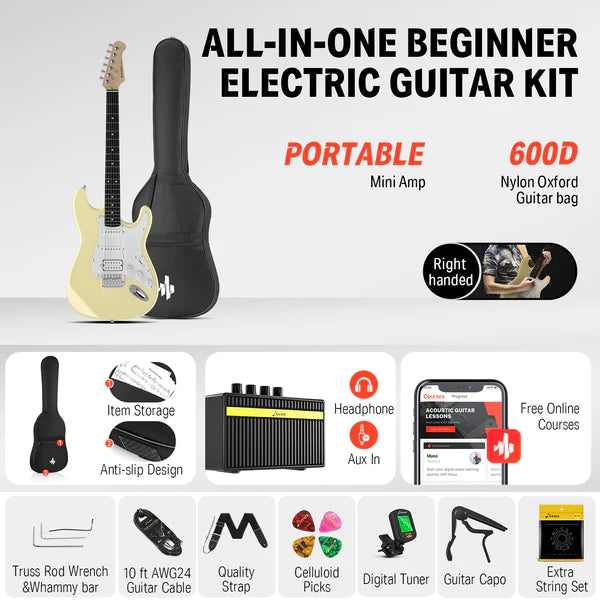 Kit de Guitare à Solid Electric Donner 39 Inch with Amplifier, Bag, Capo, Strap, String, Tuner, Cable and Picks (Sunburst, DST-1S)