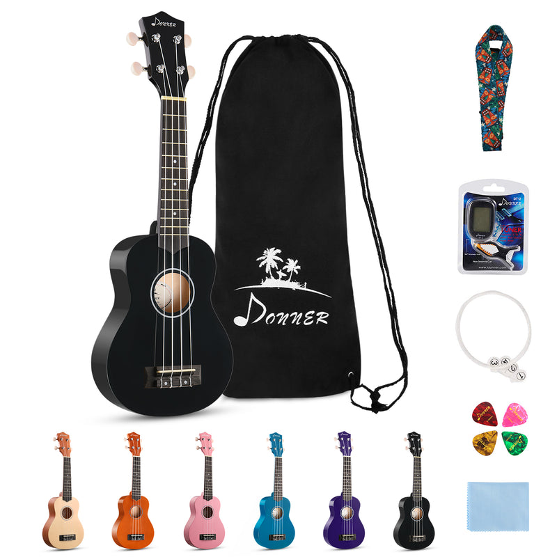 Donner Soprano Ukulele for Beginners 21 Inch Ukelele Starter Bundle Kit with Free Online Lessons Bag Strap String Tuner Picks Cloth Ukalalee Yukalalee (Black)