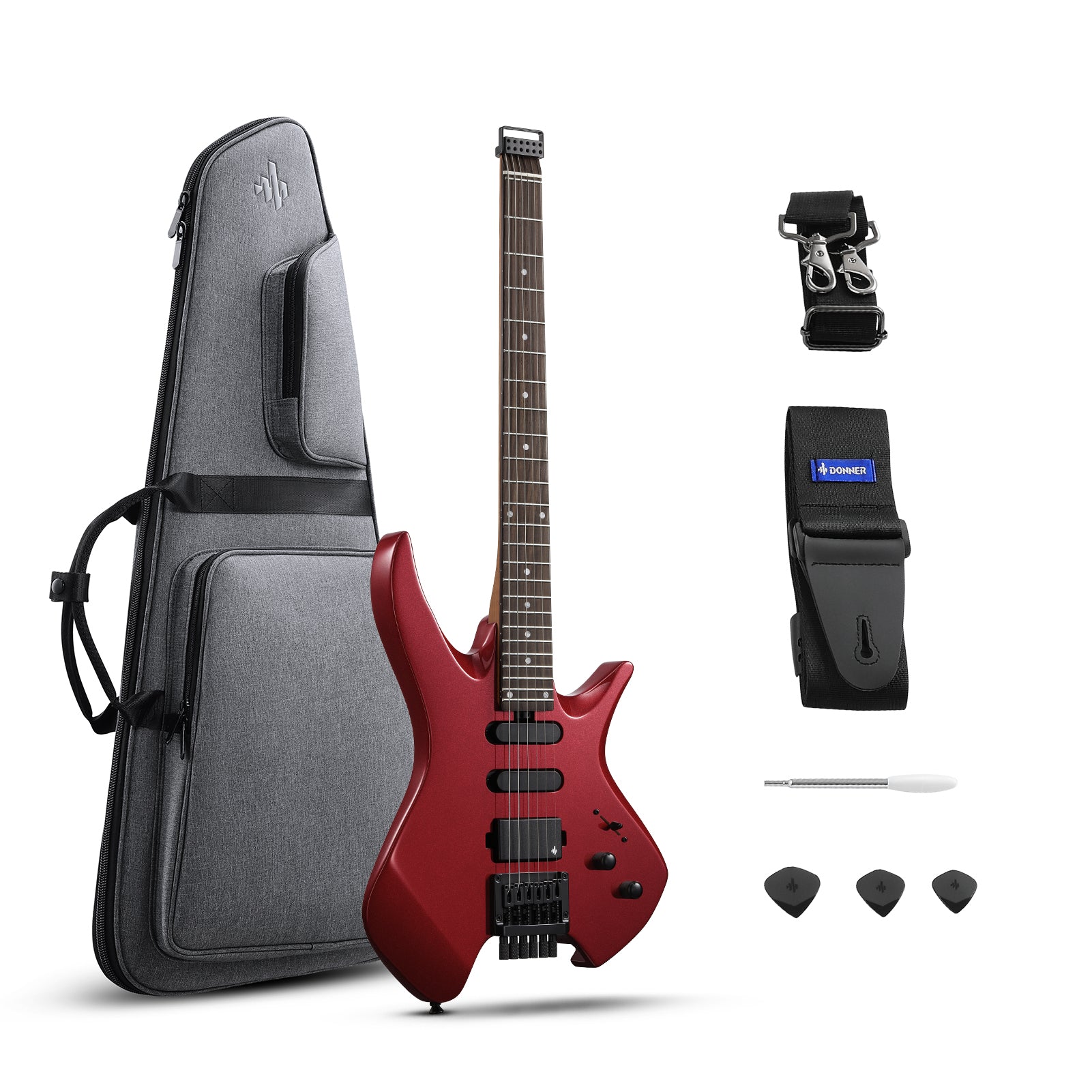 Donner HLX-500 Headless Electric Guitar-Metallic Red##