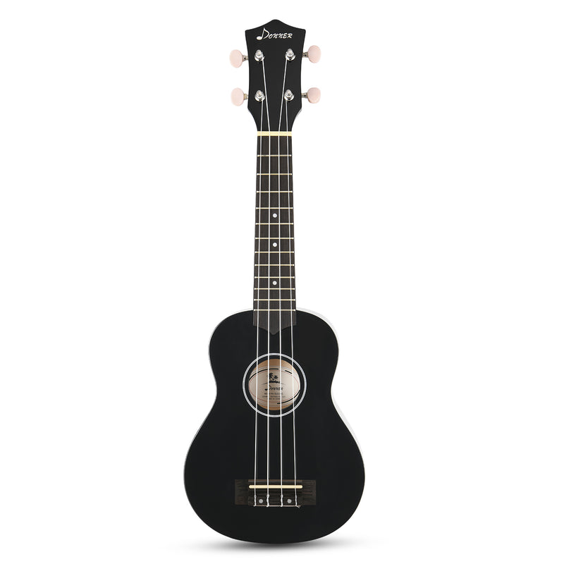 Donner Soprano Ukulele for Beginners 21 Inch Ukelele Starter Bundle Kit with Free Online Lessons Bag Strap String Tuner Picks Cloth Ukalalee Yukalalee (Black)