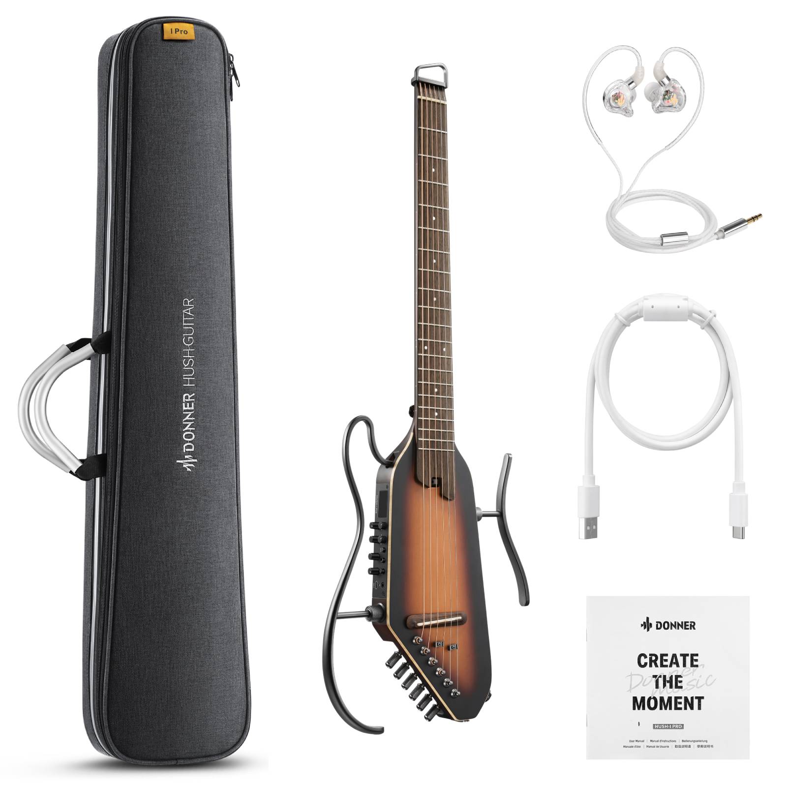 Donner HUSH-I PRO Acoustic-Electric Travel Guitar Kit with Inserted Sound Effects-SUNBURST##