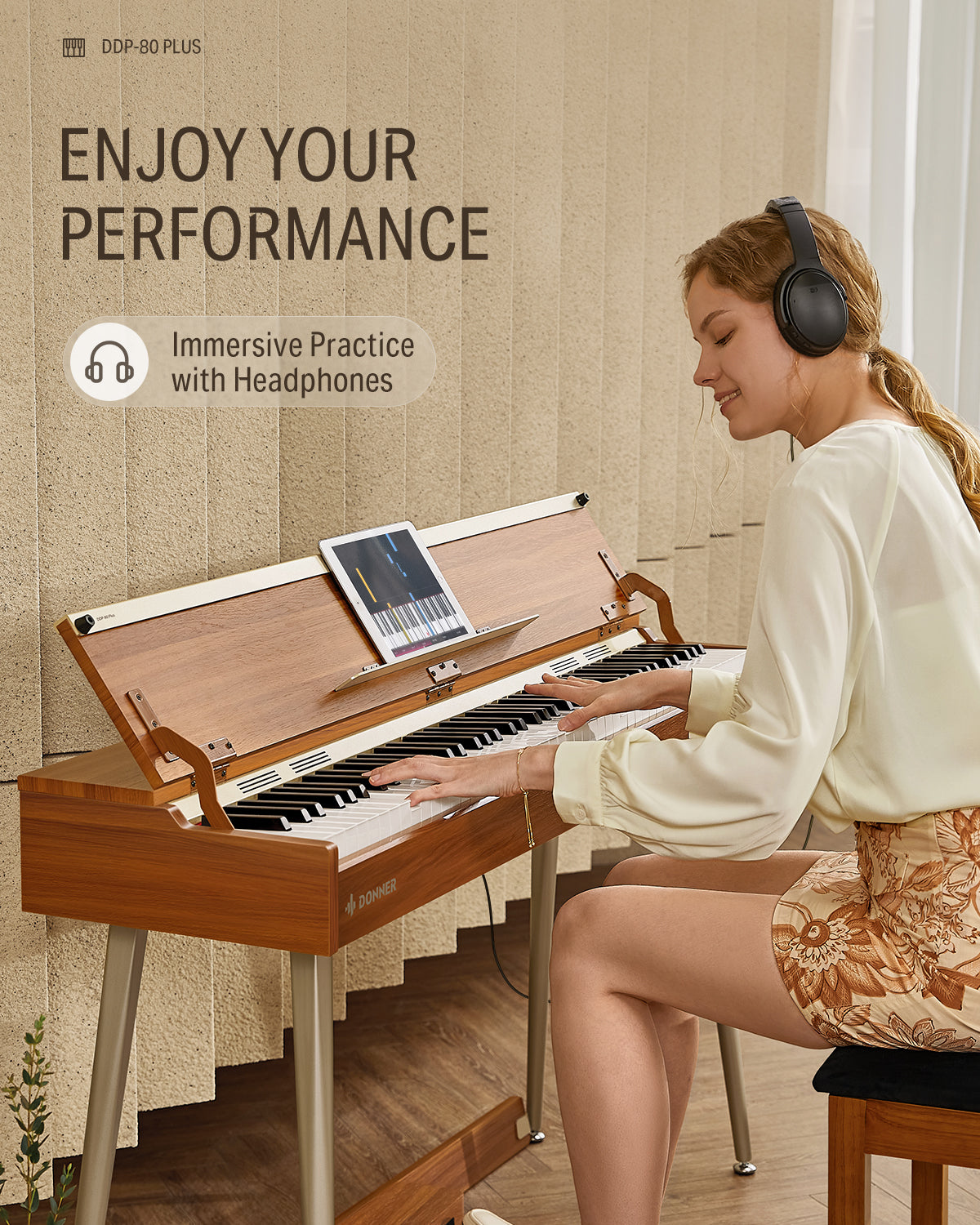 DONNER DDP-80 PLUS Wooden Style 88 Key Weighted Digital Piano with Piano Lid, Stand and 3 Pedal