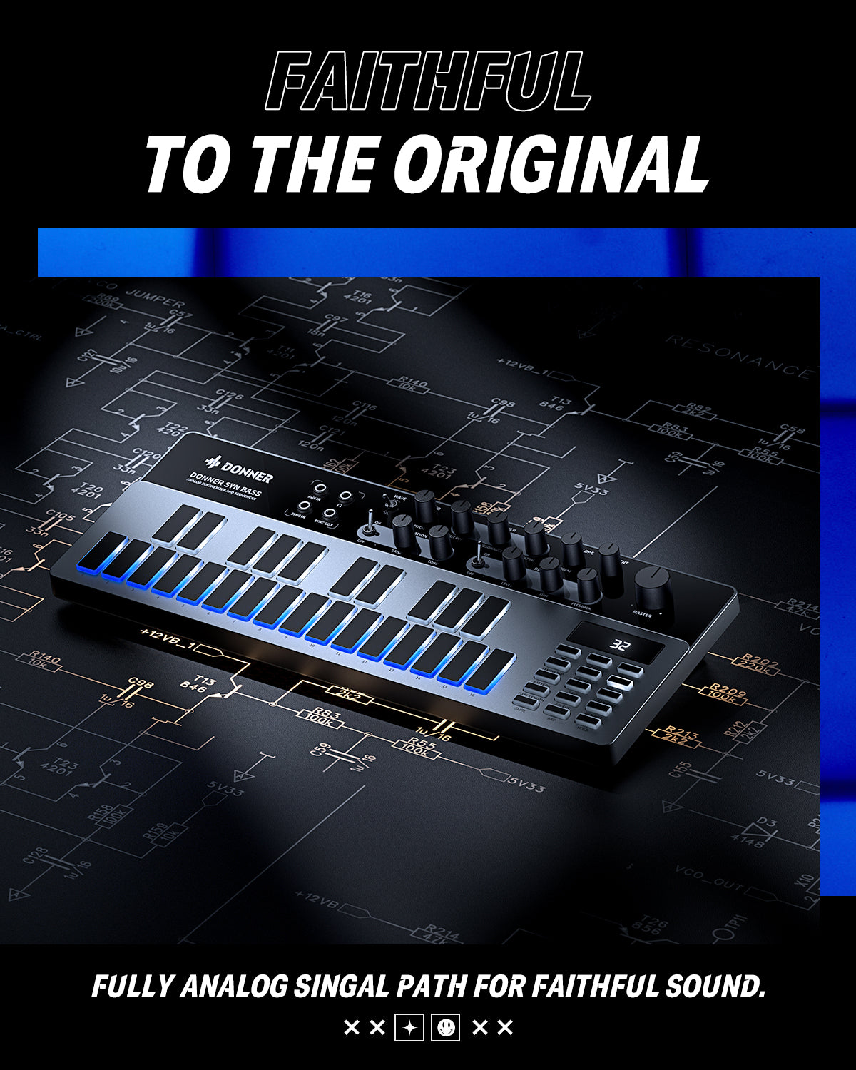 DONNER B1アナログシンセサイザー Essential B1 Analog Bass Synthesizer | Sequencer, Effects, 128