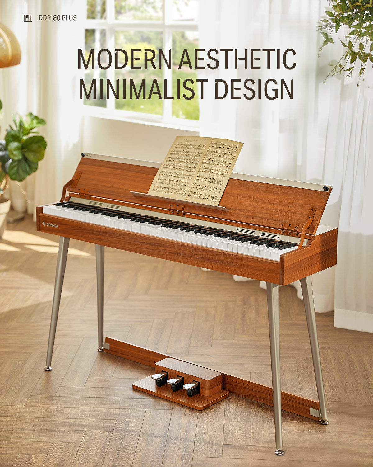 DONNER DDP-80 PLUS Wooden Style 88 Key Weighted Digital Piano with Piano Lid, Stand and 3 Pedal