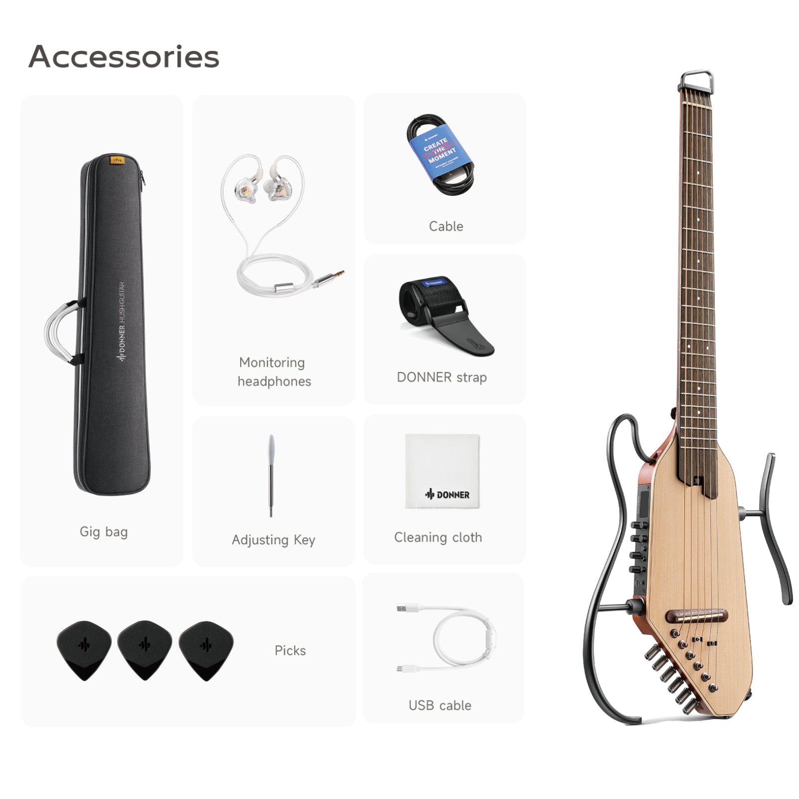 Donner HUSH-I PRO Acoustic-Electric Travel Guitar Kit with Inserted Sound Effects-NATURAL SPRUCE##