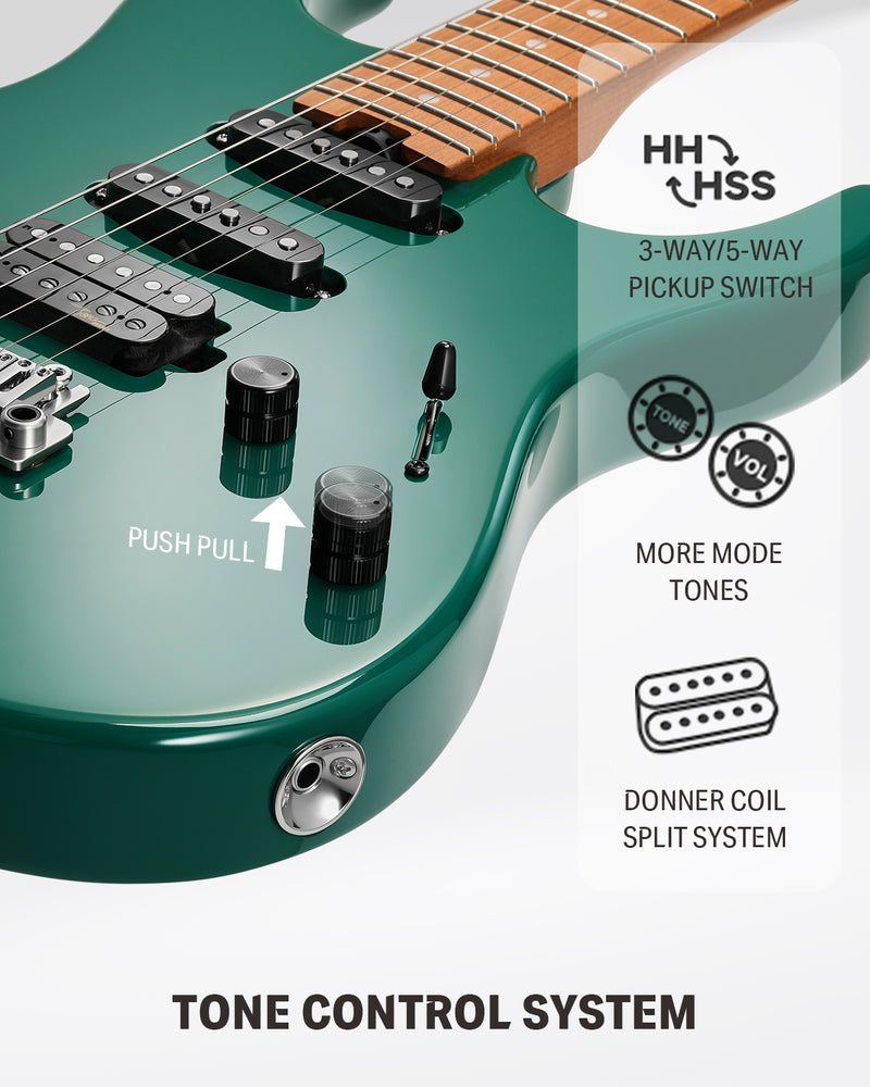 Donner DST-700 Electric Guitar – HH/HSS Alnico V Pickups, Coil Split System, Locking Tuners, 2-Point Floating Tremolo, Roasted Maple Neck, Basswood Body