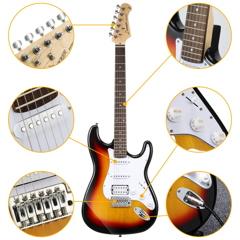 Donner Solid Electric Guitar Kit Full Size 39 Inch with Amplifier, Bag, Capo, Strap, String, Tuner, Cable and Picks (Sunburst, DST-102S) - Donner music- UK