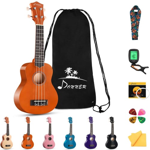 Donner Soprano Ukulele Beginner Kit for Kids Students 21 Inch with Bag Strap Strings Tuner Picks Polishing Cloth, DUS-10K Rainbow Series