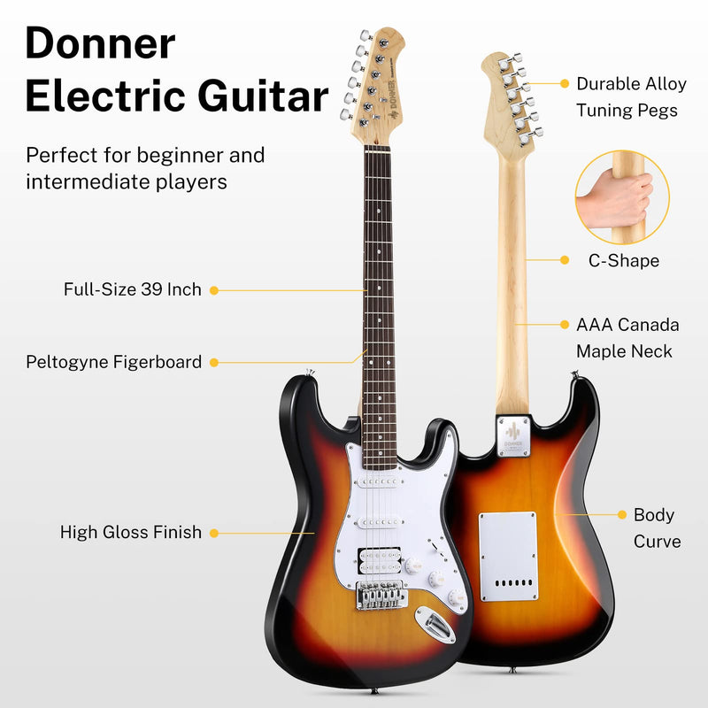 Kit de Guitare à Solid Electric Donner 39 Inch with Amplifier, Bag, Capo, Strap, String, Tuner, Cable and Picks (Sunburst, DST-1S)