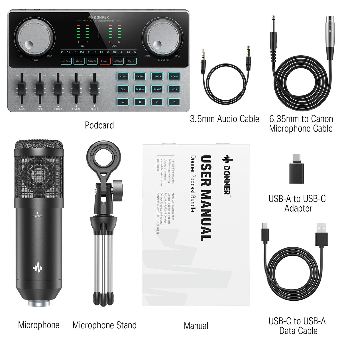 Donner Podcast Bundle, With Sound Card Audio Mixer, Xlr-6.35