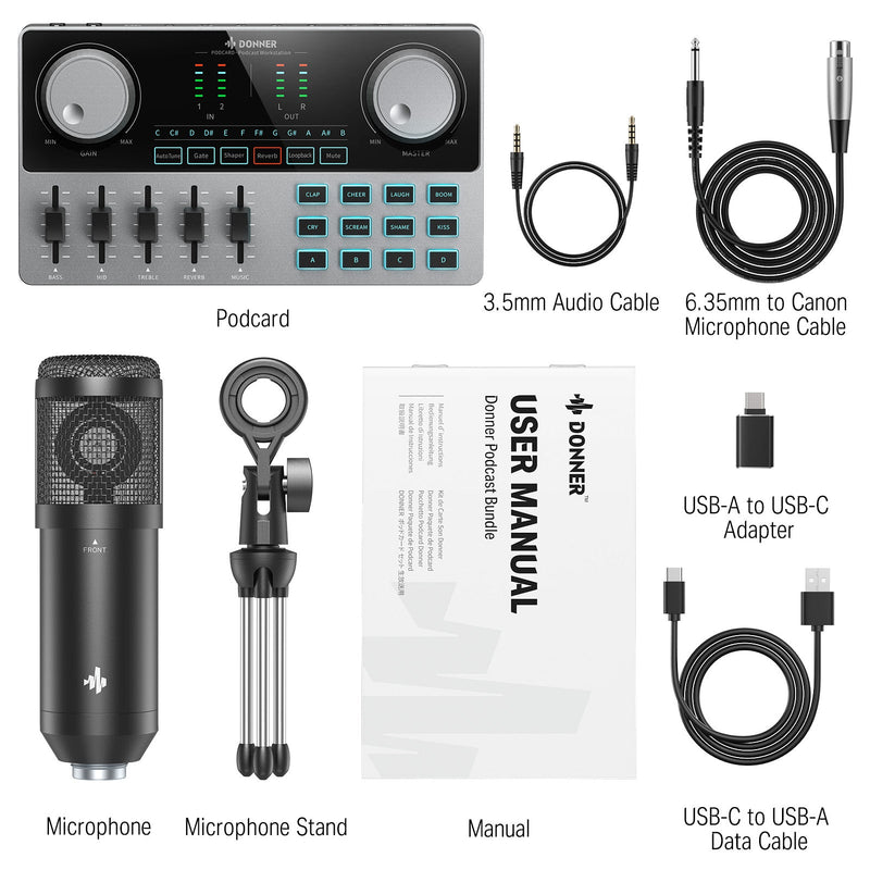 Donner Podcast Equipment Bundle Audio Interface with Sound Card Mixer and Microphone Kit